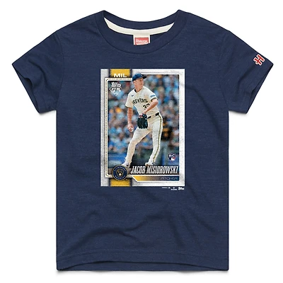 T-shirt en mélange de trois matières, hommage à Jacob Misiorowski, des Milwaukee Brewers, la marine, avec une carte baseball Topps.
