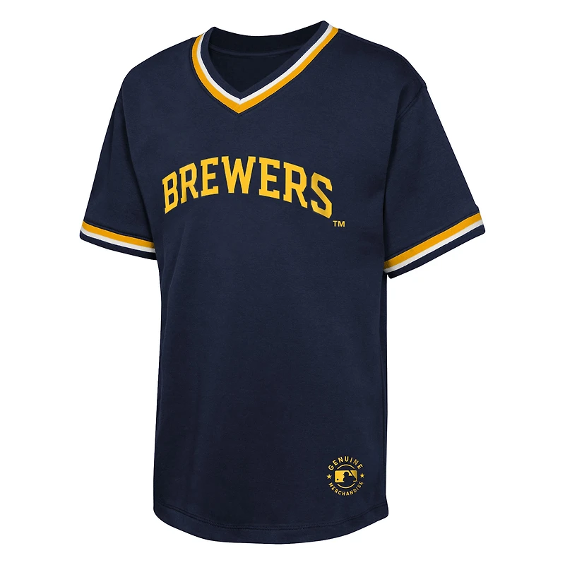 T-shirt à col en V bleu marine pour jeunes lanceurs de relève des Brewers Milwaukee