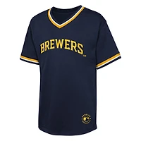 T-shirt à col en V bleu marine pour jeunes lanceurs de relève des Brewers Milwaukee