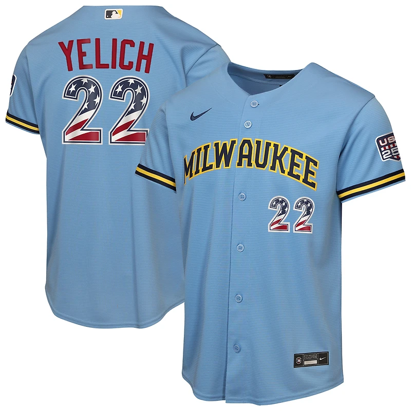 Youth Nike Christian Yelich Light Blue Milwaukee Brewers USA 250 Fourth of July Road Replica Jersey