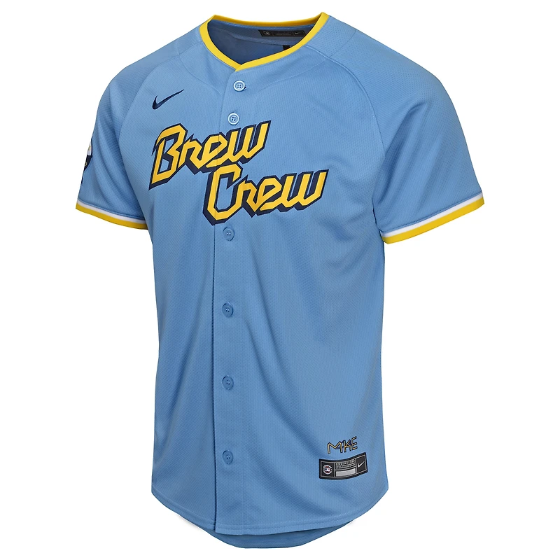 Maillot de joueur Nike Christian Yelich pour jeunes, bleu poudre, Milwaukee Brewers City Connect Limited