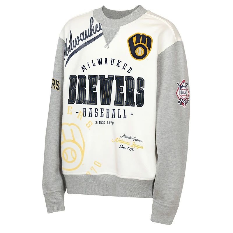 Youth Outerstuff Cream/Gray Milwaukee Brewers Big League Power Hit Fleece Sweatshirt