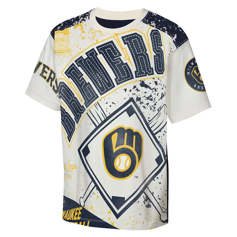 Youth Outerstuff Cream Milwaukee Brewers Big League Top Player Bold All-Over-Print T-Shirt