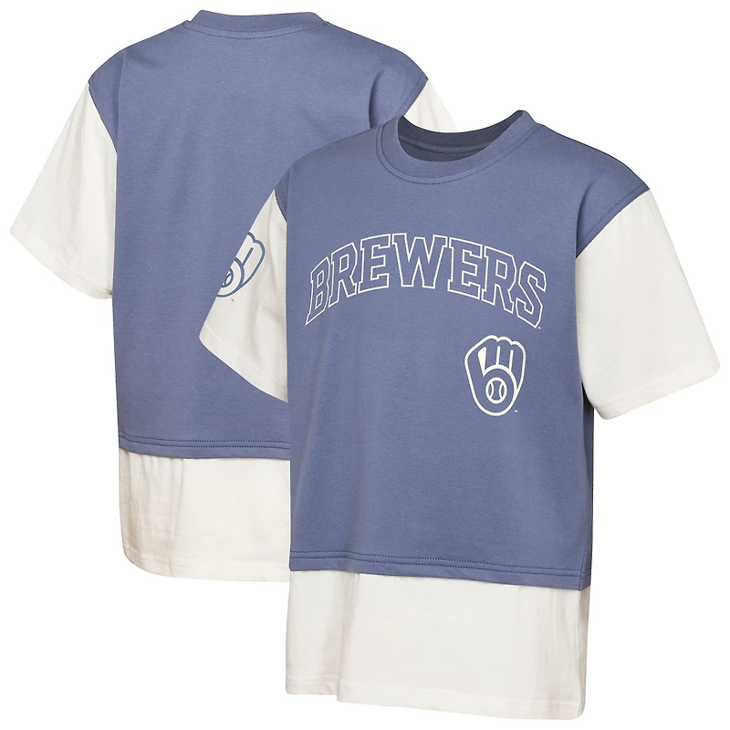 T-shirt Outerstuff Youth Navy/Cream Milwaukee Brewers Ultimate Pastels Premium Double Run