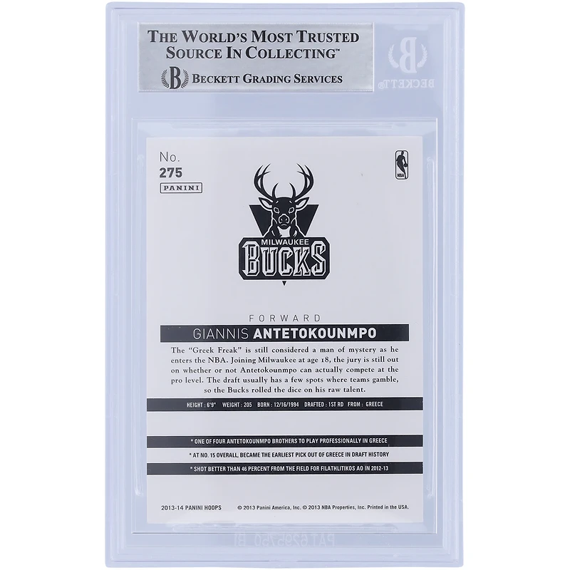 Carte de recrue authentifiée autographiée par Giannis Antetokounmpo Milwaukee Bucks 2013-14 Panini Hoops #275 Beckett Fanatics Witnessed