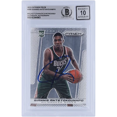 Carte de recrue autographiée Panini Prizm #290 2013-14 de Giannis Antetokounmpo des Milwaukee Bucks, Beckett Fanatics Witnessed Authenticated 10 Rookie
