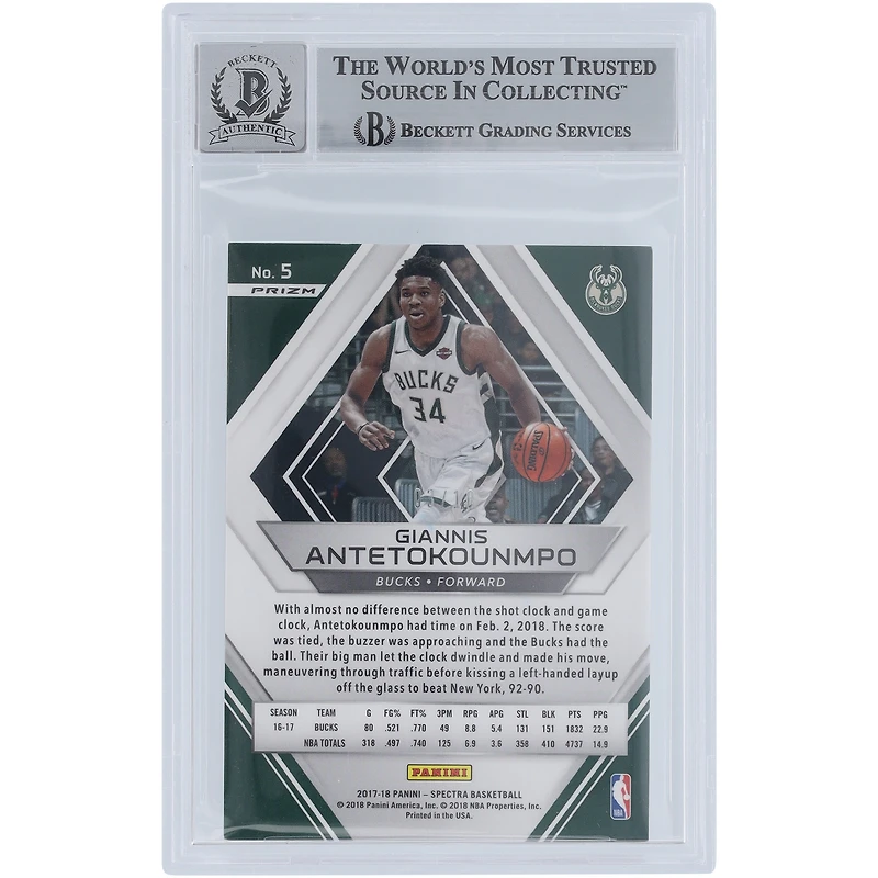 Giannis Antetokounmpo Milwaukee Bucks Autographed 2017-18 Panini Spectra Gold #5 #3/10 Beckett Fanatics Witnessed Authenticated 10 Card
