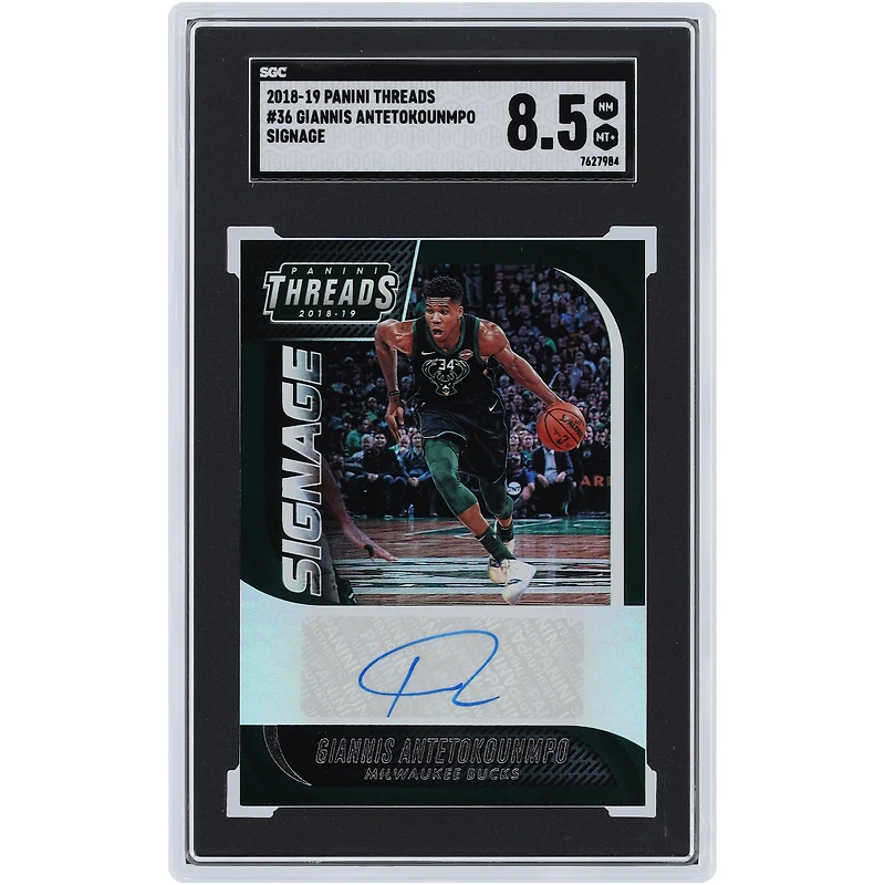 Carte 8,5 authentifiée SGC autographiée par Giannis Antetokounmpo Milwaukee Bucks 2018-19 Panini Threads Signage #36