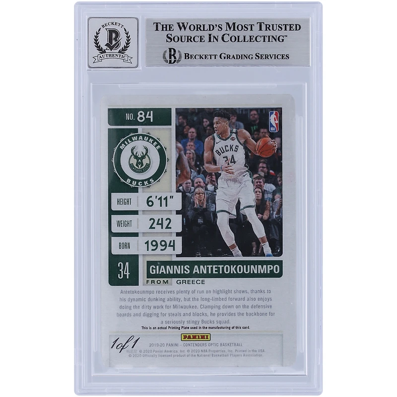 Giannis Antetokounmpo Milwaukee Bucks Autographed 2019-20 Panini Contenders Optic Printing Plate #84 #1/1 Beckett Fanatics Witnessed Authenticated 10 Card 
