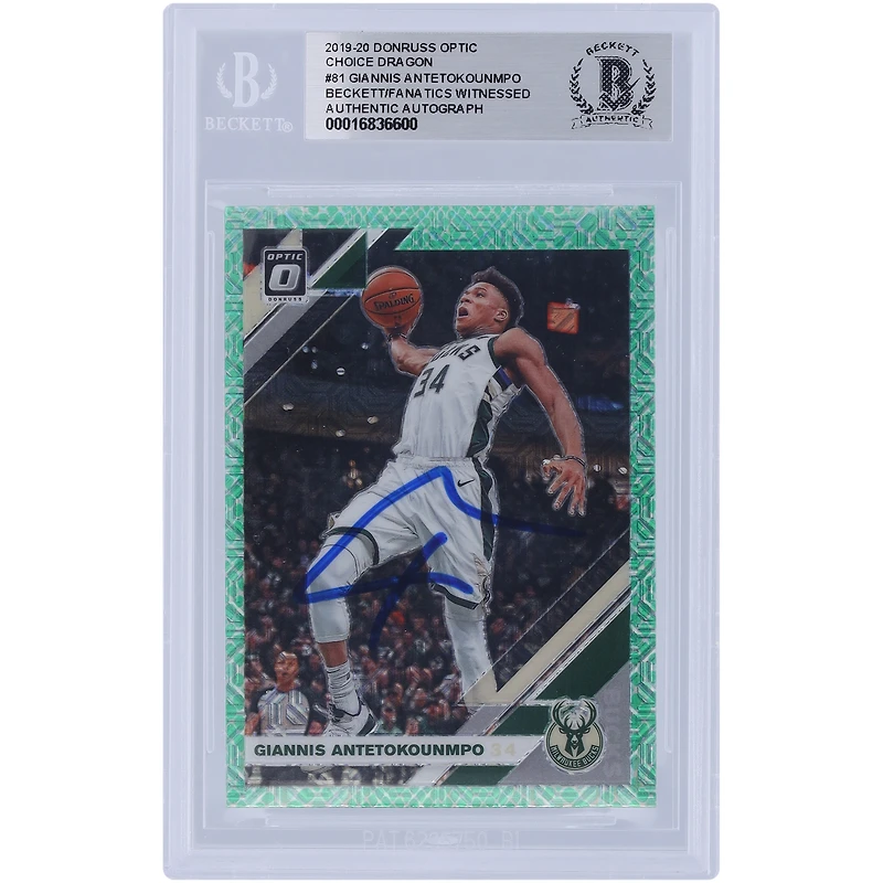 Carte authentifiée autographiée par Giannis Antetokounmpo Milwaukee Bucks 2019-20 Panini Donruss Optic Choice Dragon Prizm #81 Beckett Fanatics Witnessed