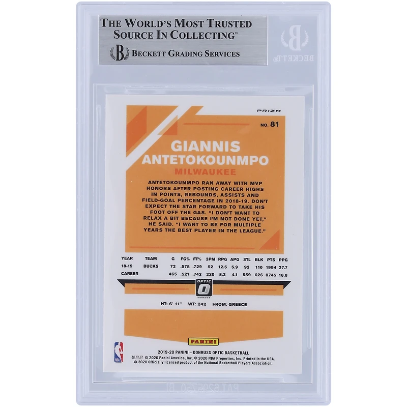 Giannis Antetokounmpo Milwaukee Bucks Autographed 2019-20 Panini Donruss Optic Choice Dragon Prizm #81 Beckett Fanatics Witnessed Authenticated Card 