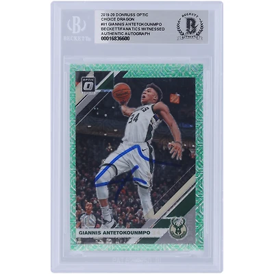 Giannis Antetokounmpo Milwaukee Bucks Autographed 2019-20 Panini Donruss Optic Choice Dragon Prizm #81 Beckett Fanatics Witnessed Authenticated Card 
