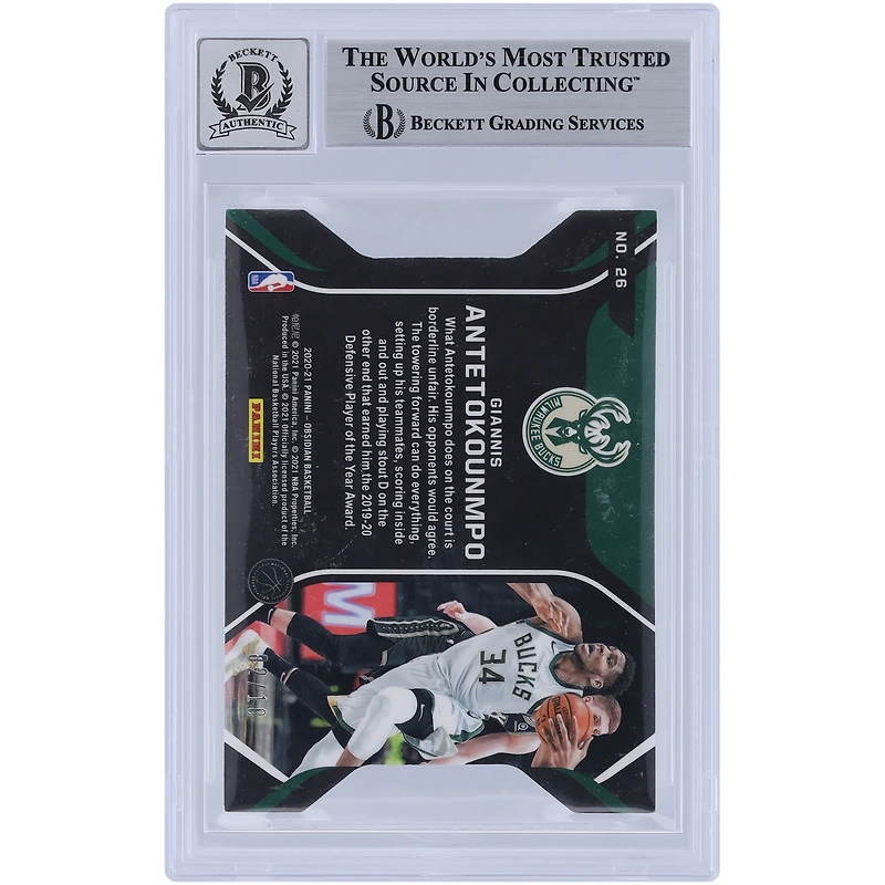 Carte Panini Obsidian Pitch Black Yellow Etch #26 #2/10 signée Giannis Antetokounmpo Milwaukee Bucks 2020-21 authentifiée par Beckett Fanatics 9/10