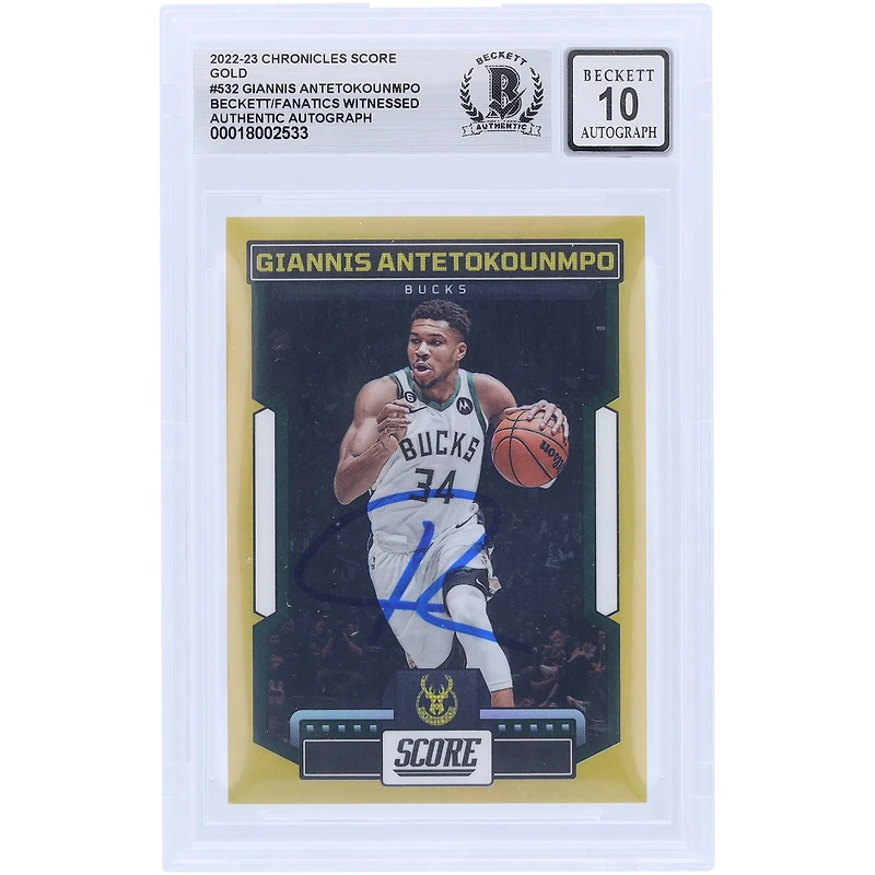 Giannis Antetokounmpo Milwaukee Bucks Autographié 2022-23 Panini Chronicles Score Gold #532 #1/10 Beckett Fanatics Witnessed Authenticated 10 Card
