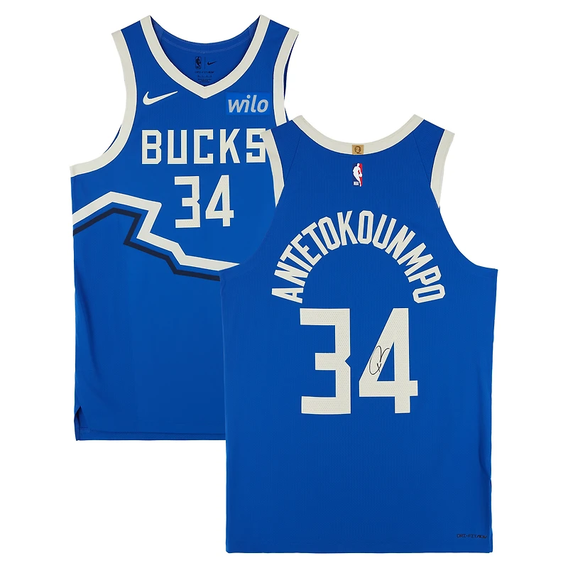 Maillot Nike authentique dédicacé par Giannis Antetokounmpo des Milwaukee Bucks 2024-25 Blue City Edition