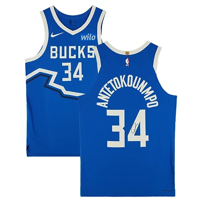 Maillot Nike authentique dédicacé par Giannis Antetokounmpo des Milwaukee Bucks 2024-25 Blue City Edition
