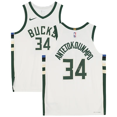 Maillot authentique blanc dédicacé par Giannis Antetokounmpo Milwaukee Bucks Nike Association Edition
