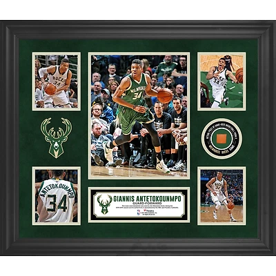 Giannis Antetokounmpo Milwaukee Bucks Framed 5-Photo Collage with a Piece of Team-Used Basketball