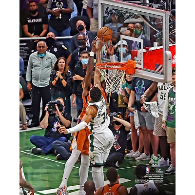 Giannis Antetokounmpo Milwaukee Bucks Unsigned Block Game Four of the 2021 NBA Finals Photograph