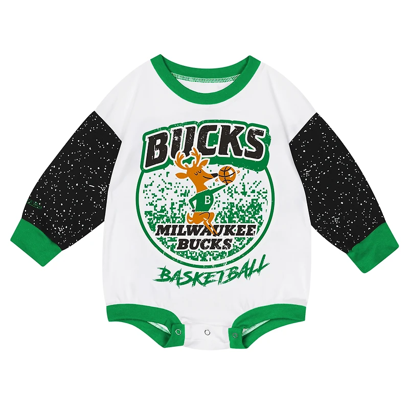 Infant Mitchell & Ness White Milwaukee Bucks Hardwood Classics Posterboard Oversize Long Sleeve Bodysuit