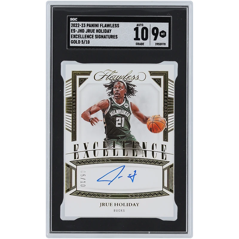 Carte Panini Flawless Excellence Gold #ES-JHD #5/10 authentifiée 9/10 signée Jrue Holiday Milwaukee Bucks 2022-23