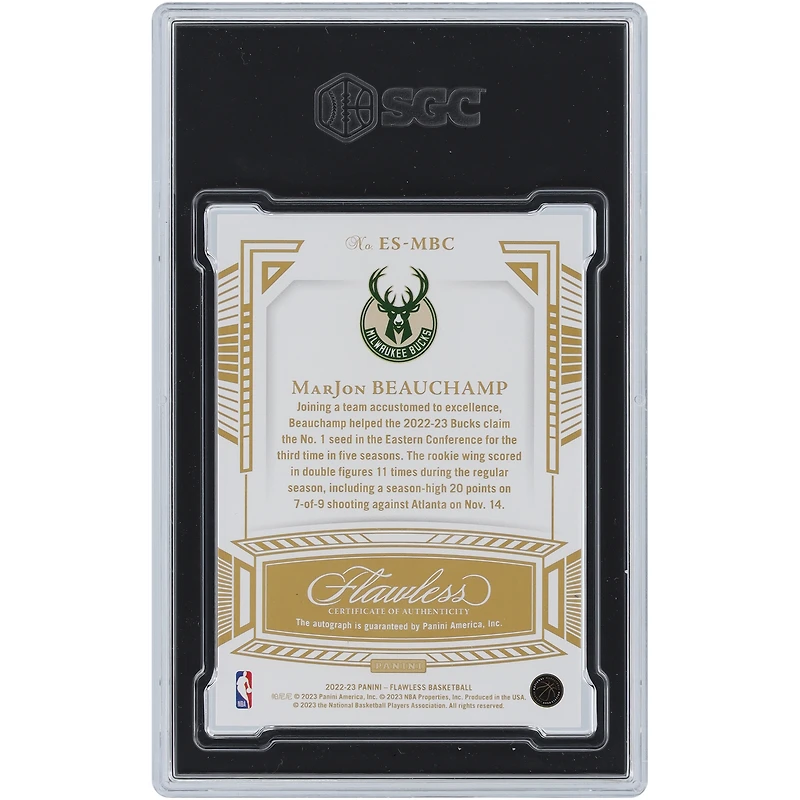 MarJon Beauchamp Milwaukee Bucks Autographed 2022-23 Panini Flawless Excellence Emerald #ES-MBC #2/5 SGC Authenticated 9.5/10 Rookie Card 