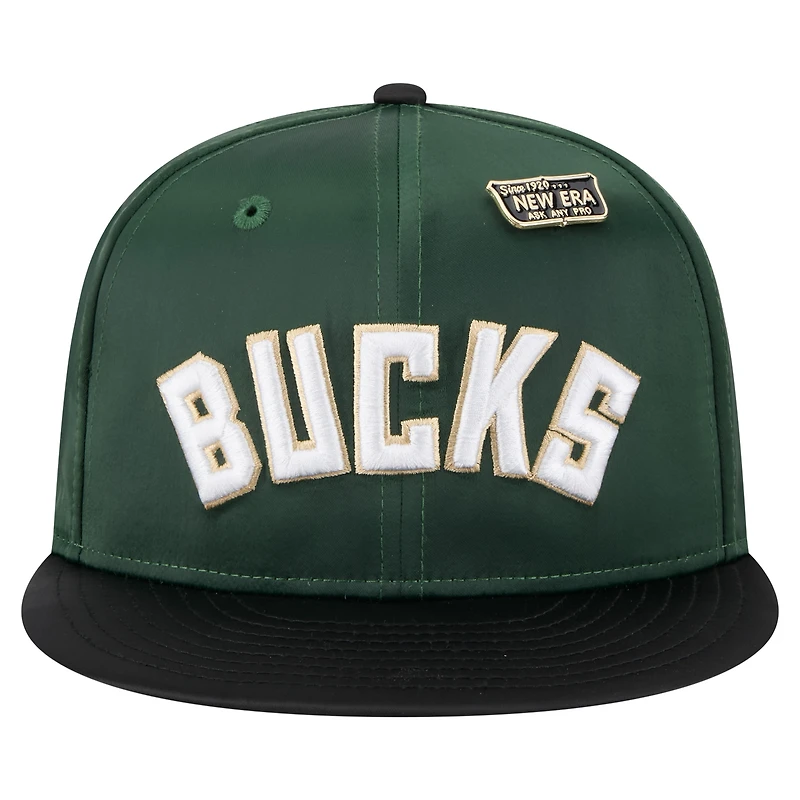 Men's New Era  Hunter Green/Black Milwaukee Bucks Throwback Satin Vintage Pin Two-Tone 59FIFTY Fitted Hat
