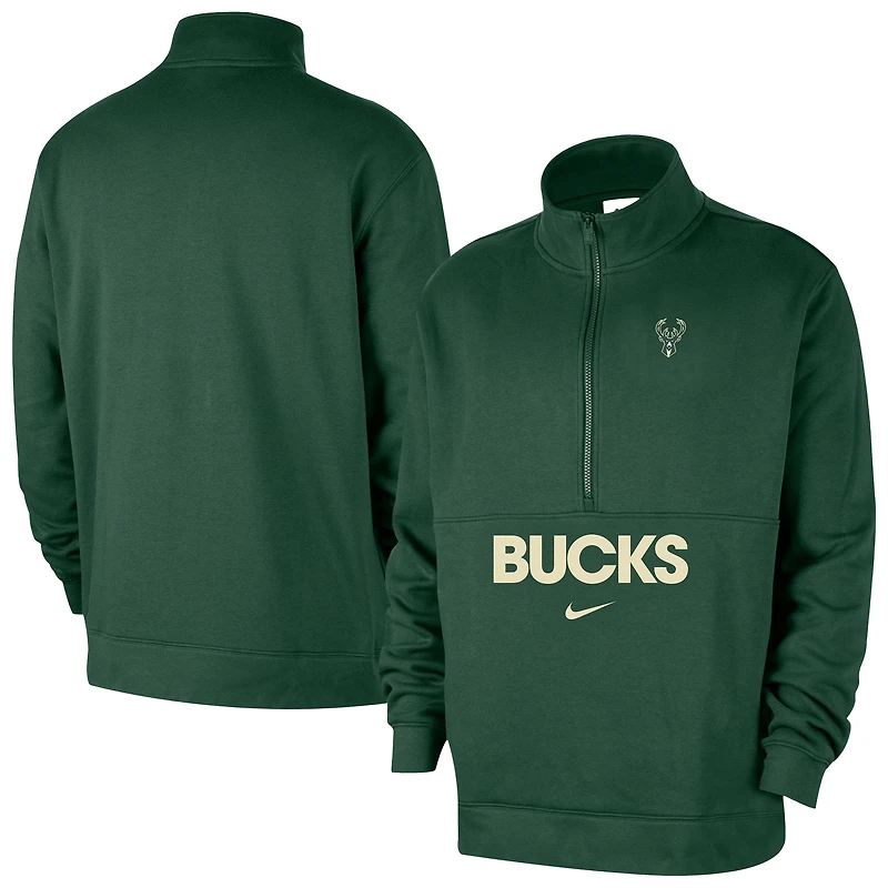 Men's Nike Hunter Green Milwaukee Bucks Courtside Club Half-Zip Jacket