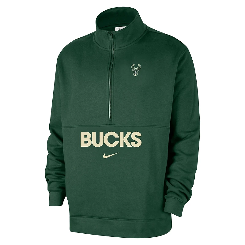 Veste demi-zip Nike Hunter Green Milwaukee Bucks Courtside Club pour homme