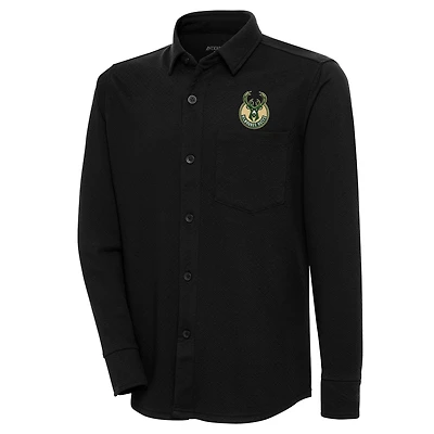 Veste-chemise boutonnée Antigua noire Milwaukee Bucks pour homme