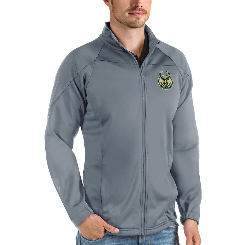 Veste de golf zippée intégrale Antigua Charcoal Milwaukee Bucks Links pour homme