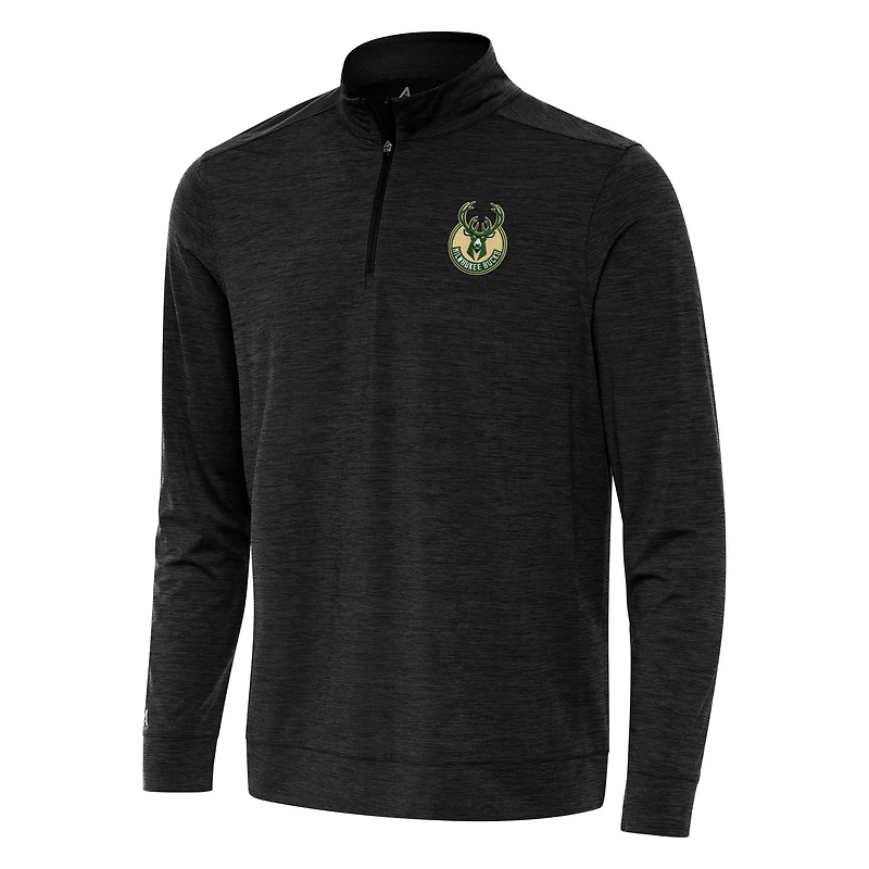 Haut à fermeture éclair quart de tour Antigua Heather Black pour homme des Milwaukee Bucks