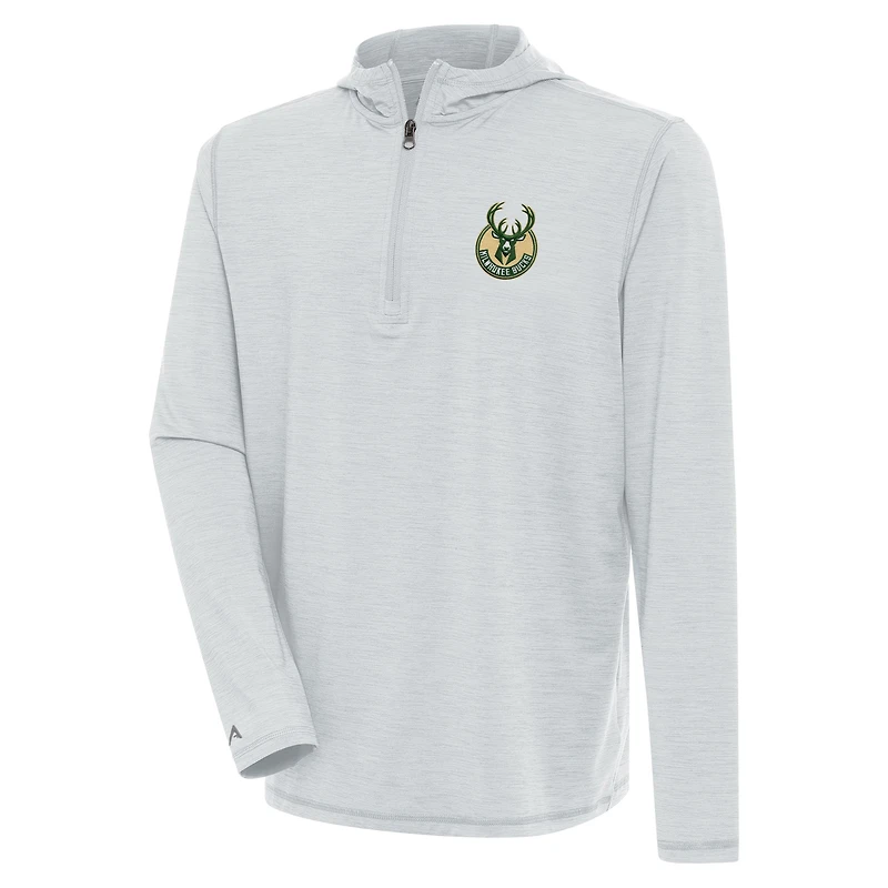 Pull léger à fermeture éclair quart de tour Antigua Heather Grey Milwaukee Bucks pour homme