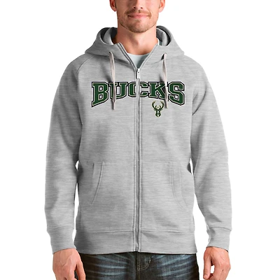 Sweat à capuche zippé Victory Antigua gris chiné pour homme des Milwaukee Bucks