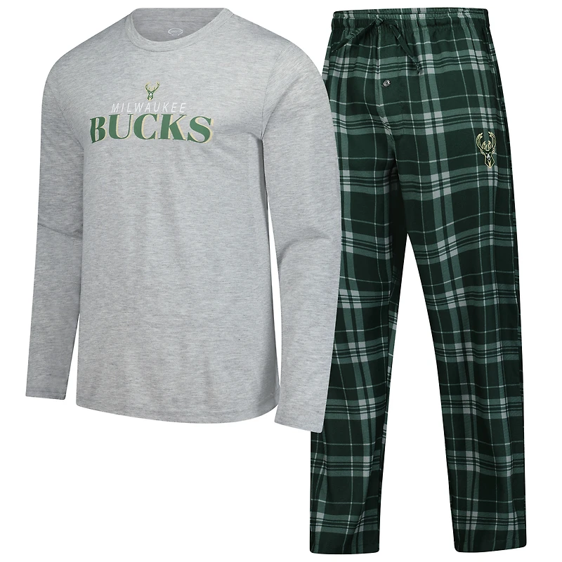Ensemble t-shirt à manches longues et pantalon carreaux vert chasseur Milwaukee Bucks pour homme Concepts Sport