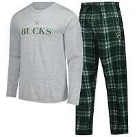 Ensemble t-shirt à manches longues et pantalon carreaux vert chasseur Milwaukee Bucks pour homme Concepts Sport
