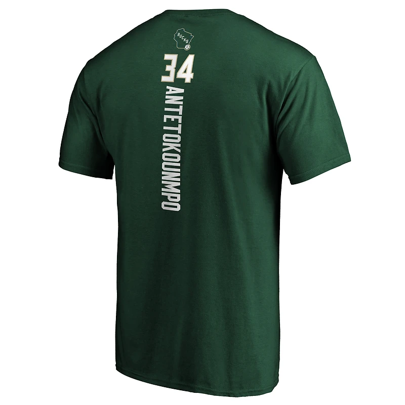T-shirt avec nom et numéro de meneur jeu fanatiques pour hommes Giannis Antetokounmpo Hunter Green Milwaukee Bucks