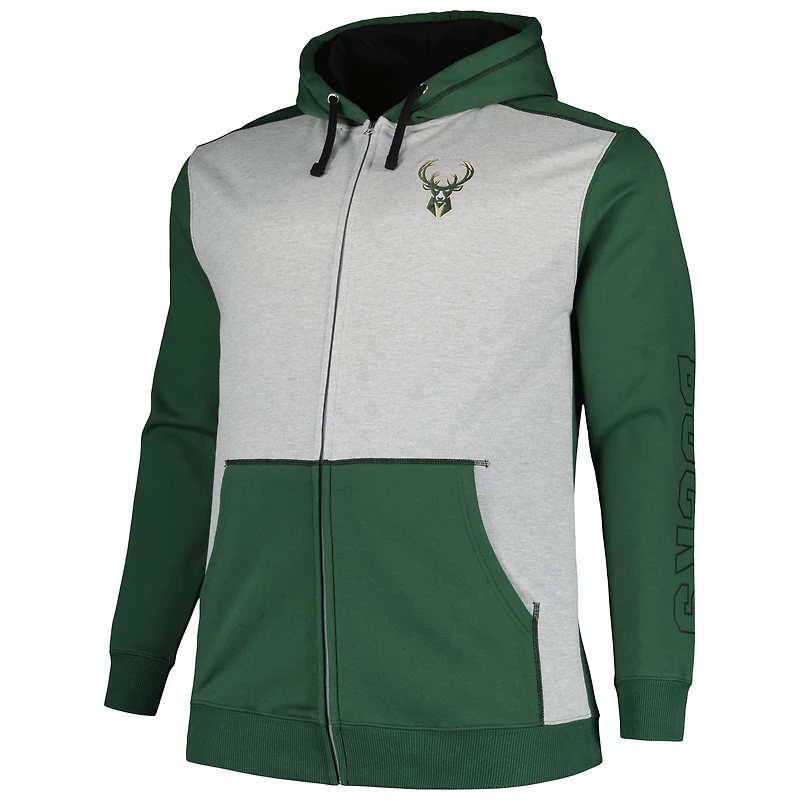 Fanatics Hunter Green/Heather Grey pour hommes Milwaukee Bucks Big & Tall Sweat à capuche entièrement zippé avec coutures contrastées