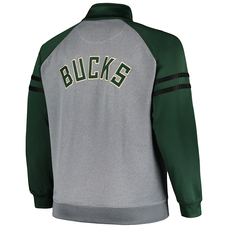 Veste de survêtement entièrement zippée Milwaukee Bucks Fanatics Hunter Green/Heather Grey pour hommes Big & Tall Pieced Stripe Raglan