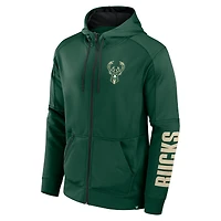 Sweat à capuche zippé entièrement performant Hunter Green Milwaukee Bucks Baller Defender Fanatics pour homme