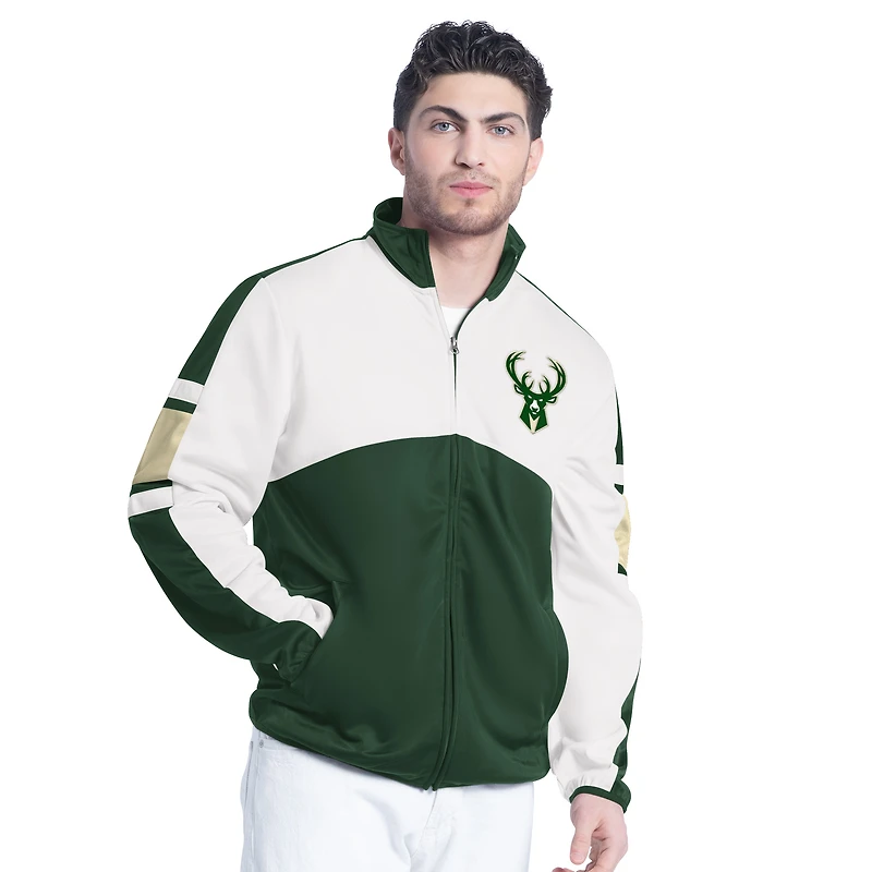 Veste de survêtement entièrement zippée G-III Sports by Carl Banks pour homme, vert chasseur/blanc, Milwaukee Bucks Back Field
