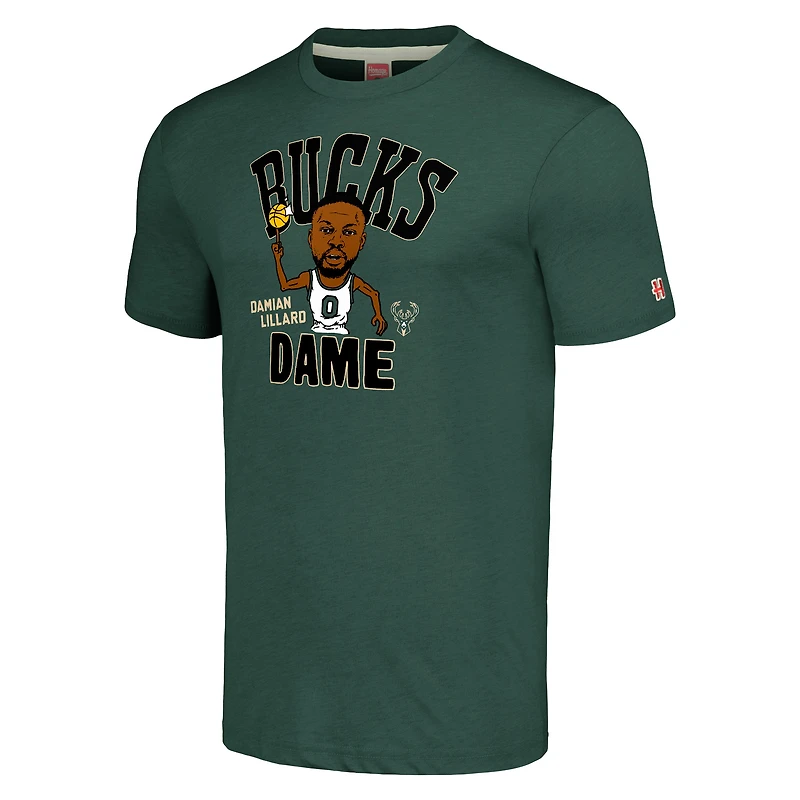 T-shirt triple mélange Hommage Damian Lillard Hunter Green Milwaukee Bucks Caricature pour hommes