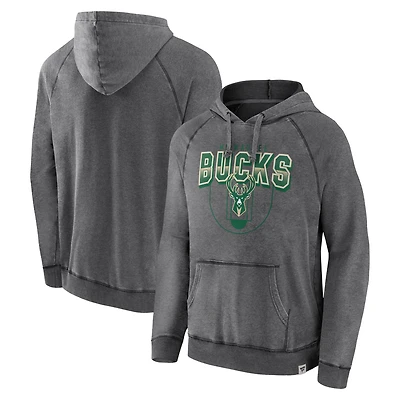 Milwaukee Bucks Heather Grey Fanatics Acquisition Vintage Snow Wash pour hommes - Sweat à capuche raglan
