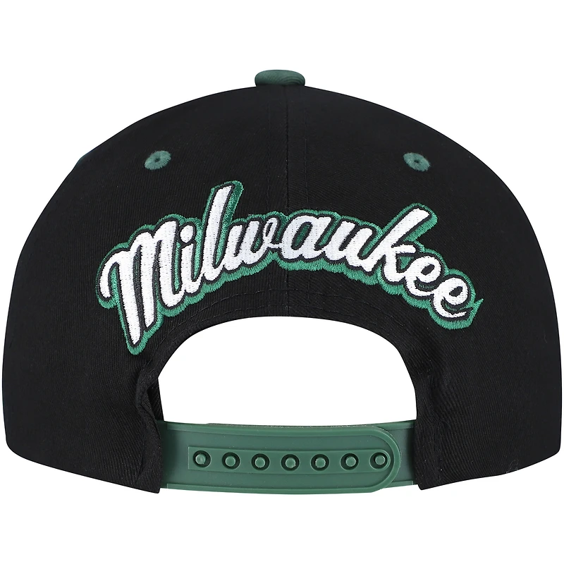 Men's Mitchell & Ness Black/Hunter Green Milwaukee Bucks Backside Script Two-Tone Pro Crown Adjustable Hat