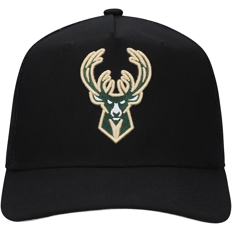 Men's Mitchell & Ness Black Milwaukee Bucks Monogram Allover Logo Mesh Trucker Adjustable Hat
