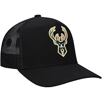 Men's Mitchell & Ness Black Milwaukee Bucks Monogram Allover Logo Mesh Trucker Adjustable Hat