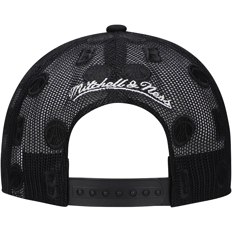 Men's Mitchell & Ness Black Milwaukee Bucks Monogram Allover Logo Mesh Trucker Adjustable Hat