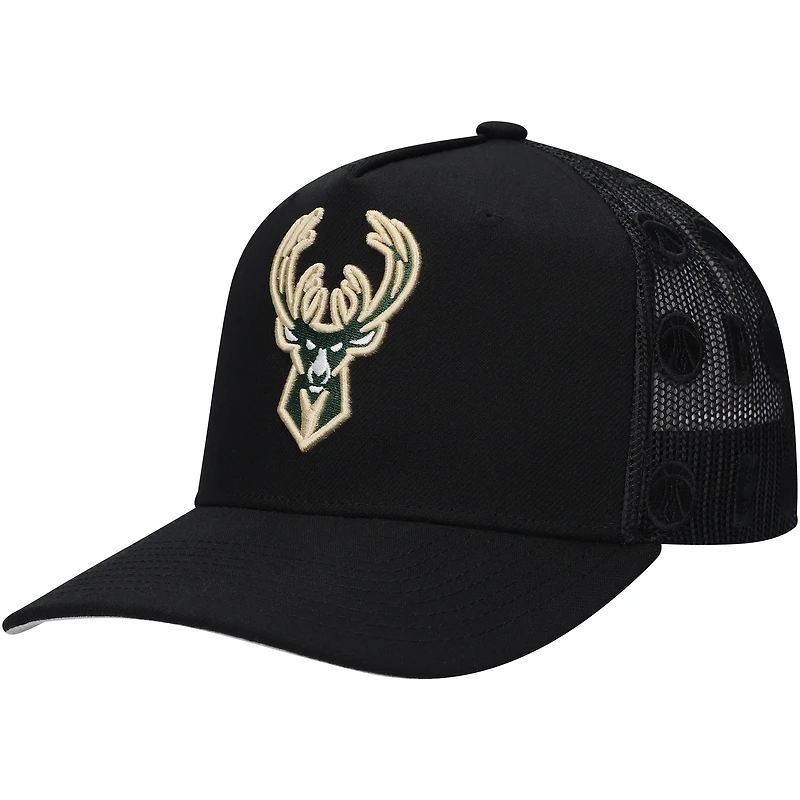 Men's Mitchell & Ness Black Milwaukee Bucks Monogram Allover Logo Mesh Trucker Adjustable Hat
