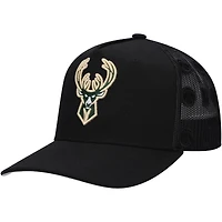 Men's Mitchell & Ness Black Milwaukee Bucks Monogram Allover Logo Mesh Trucker Adjustable Hat
