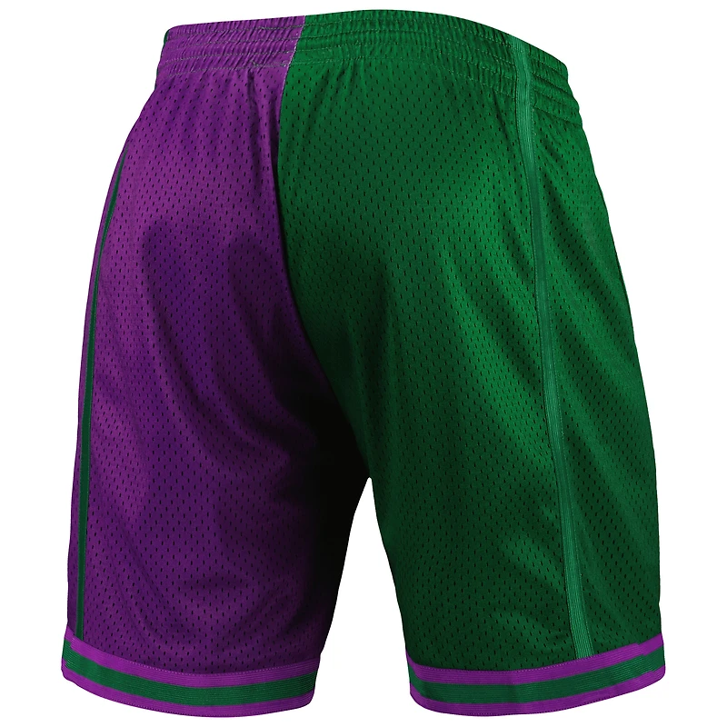 Men's Mitchell & Ness Green/Purple Milwaukee Bucks Hardwood Classics 1996 Split Swingman Shorts
